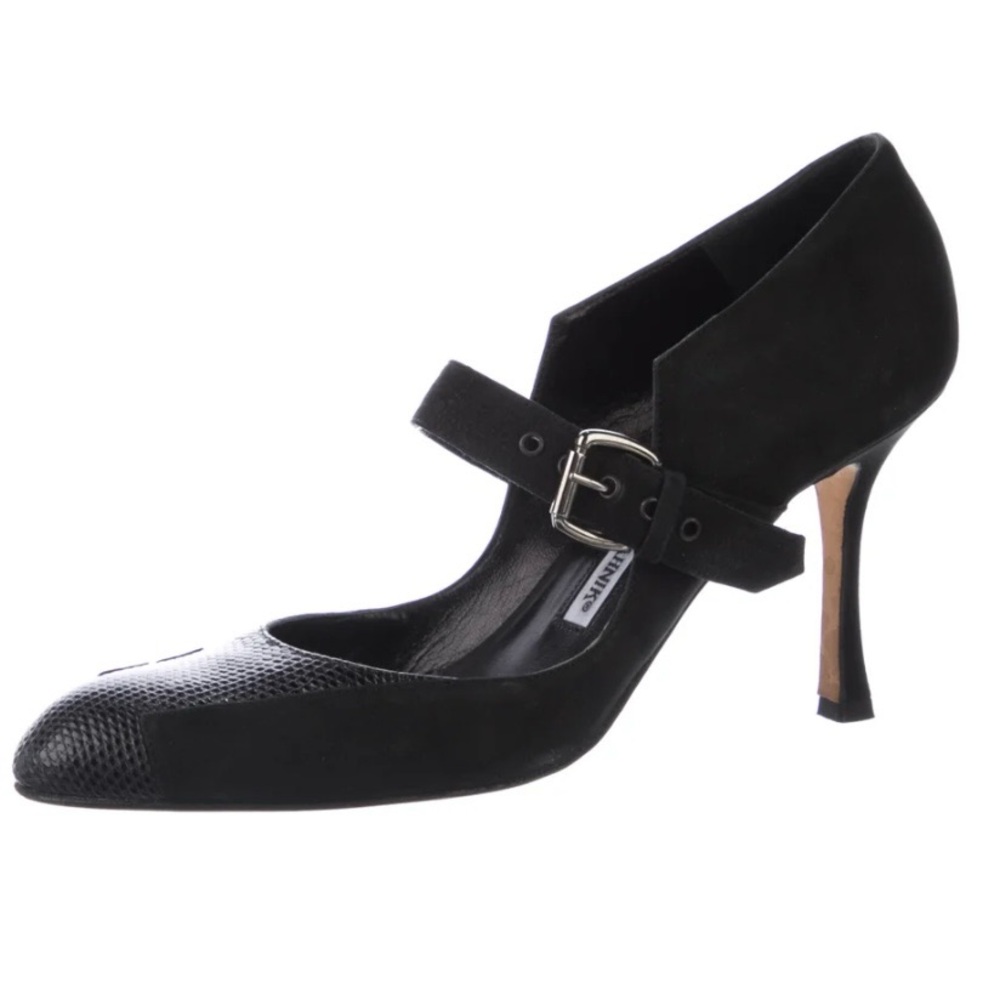 Manolo Blahnik Black Suede D’Orsay Mary Jane Heels with Elegant Strap